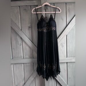 VTG Sue Wong 100% Silk Black Beaded Handkerchief Dress Size 10